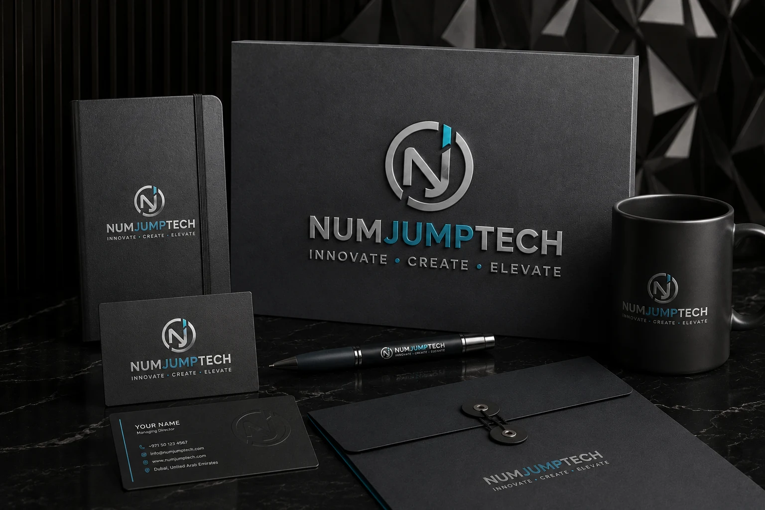 Brand identity work by NumJumpTech — a logo applied across printed and physical brand materials