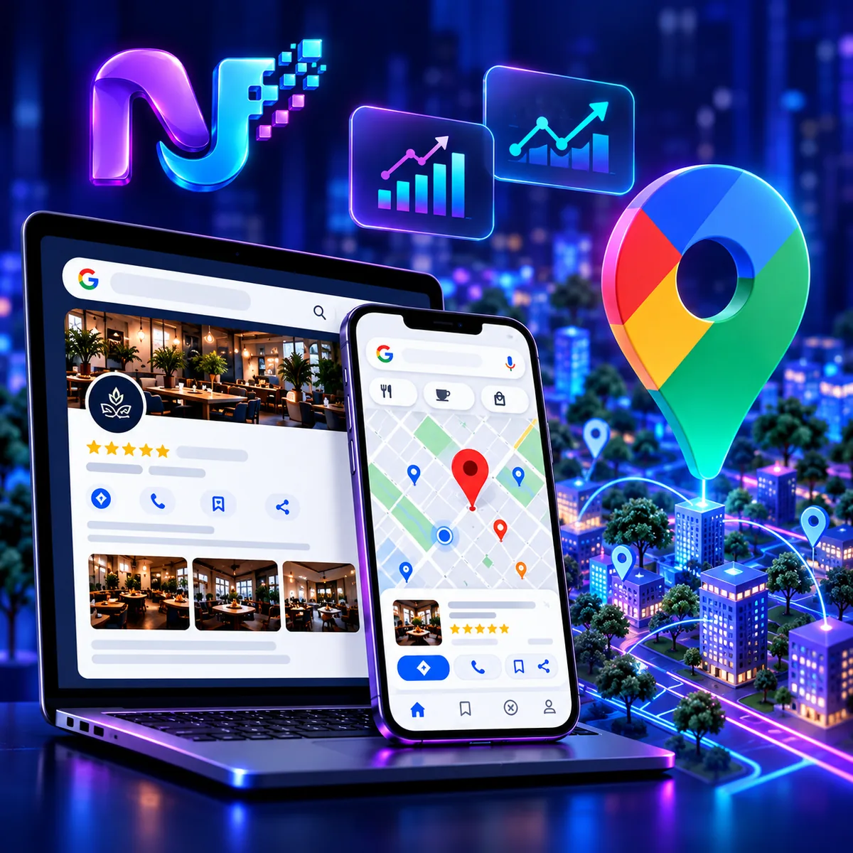 Google Business Profile and Maps optimisation by NumJumpTech — a business profile and map listing shown on laptop and mobile