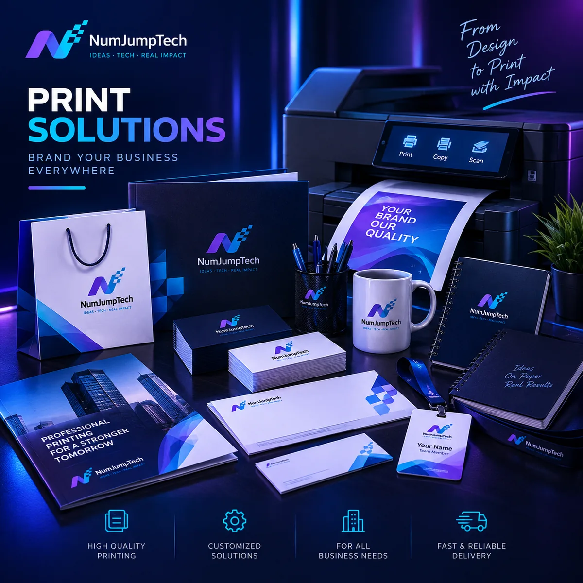 Printing and corporate supplies by NumJumpTech — stationery, marketing print and branded office items