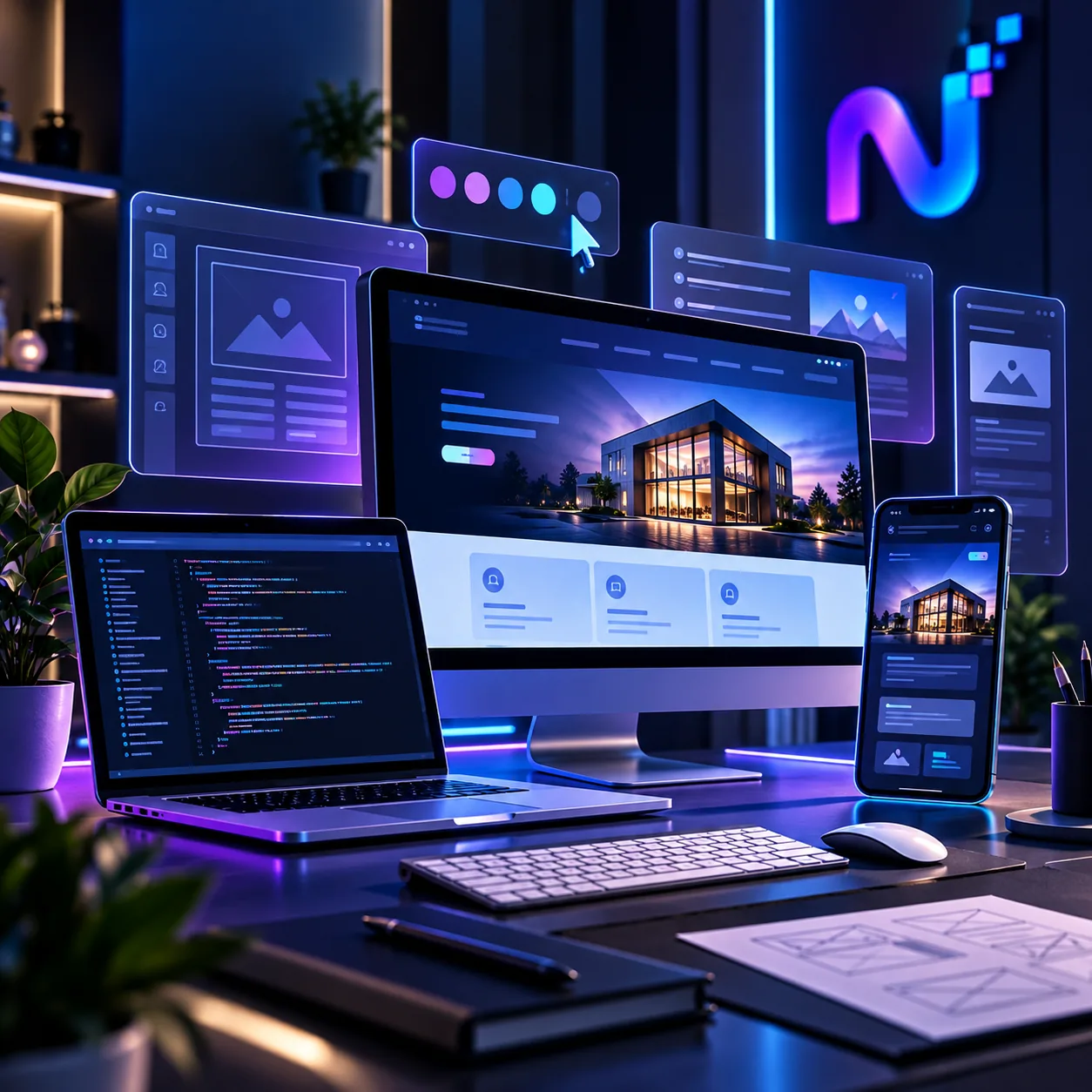 NumJumpTech web design and development workspace — a website shown across desktop, laptop and mobile with interface panels